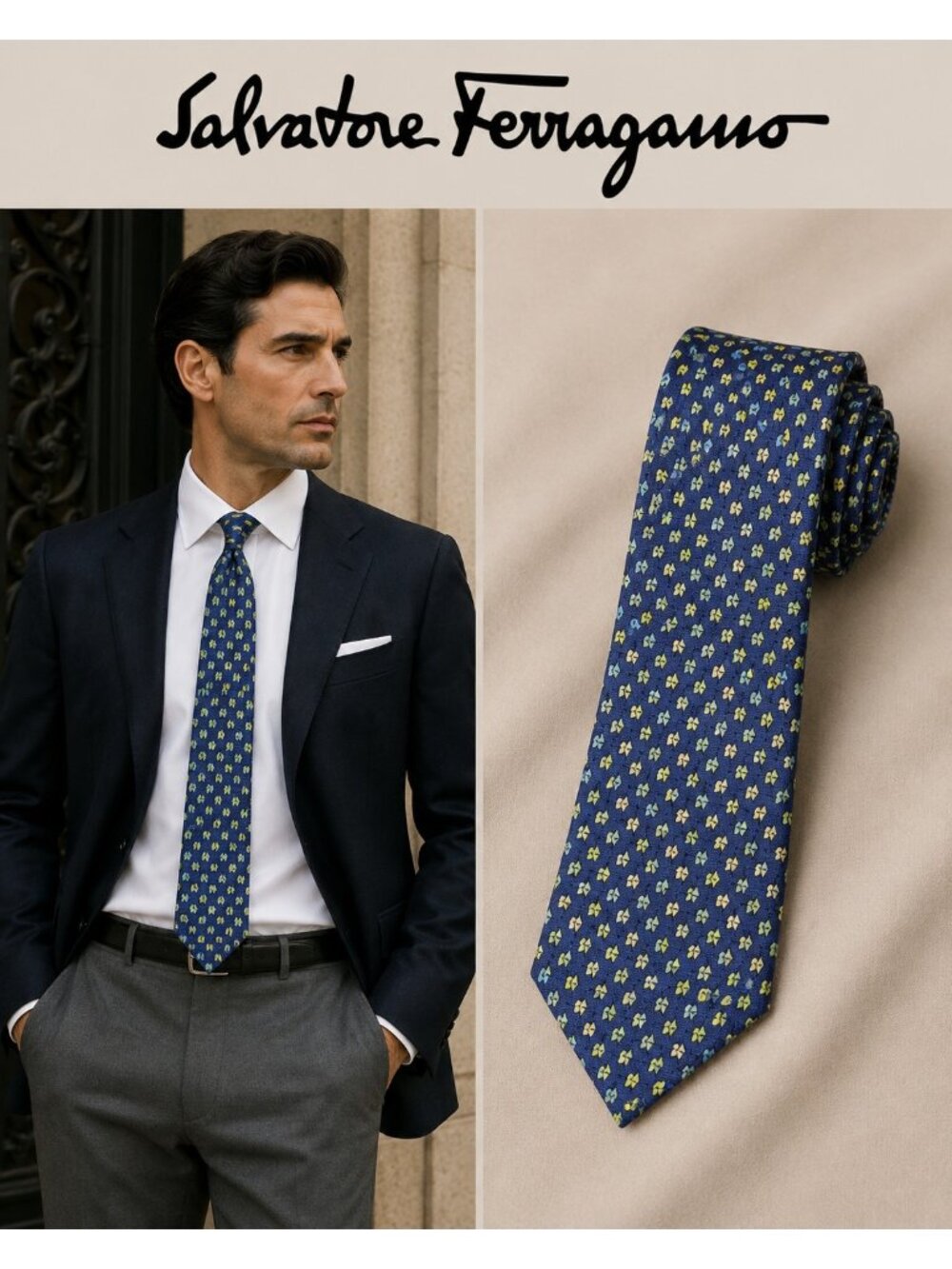Salvatore Ferragamo Blue Micro Print Silk Tie Made in Italy Luxury Designer Mens